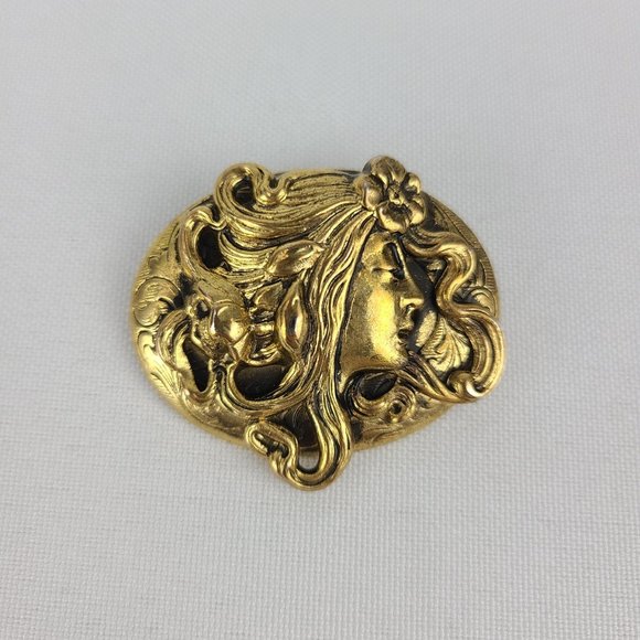 Vintage Jewelry - Vintage Repousse Lady Face Art Nouveau Brooch